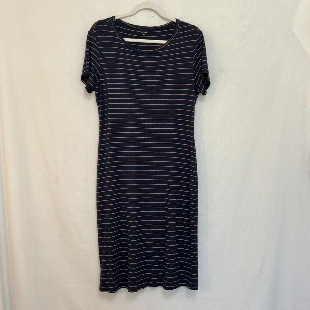 Y2K Indie Navy Blue Striped Ribbed Short Sleeve Bodycon T-Shirt Midi Dress 8/10